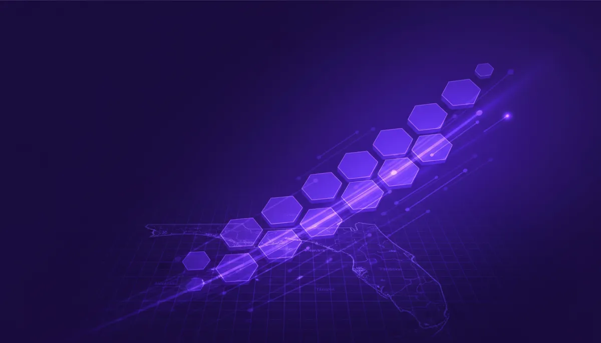 Abstract purple and violet geometric lines rising upward like a digital growth chart
