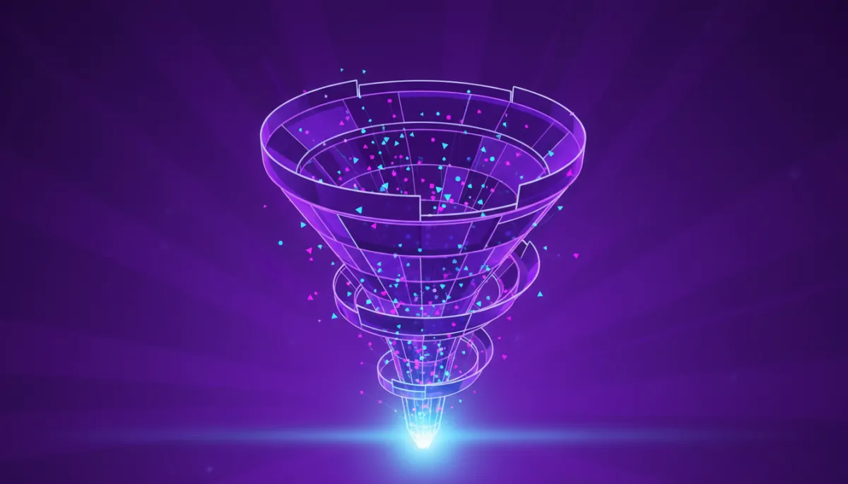 deep purple and electric violet abstract digital funnel made of geometric layers, glowing nodes representing content pieces flowing downward into a bright conversion point, premium tech illustration, no humans