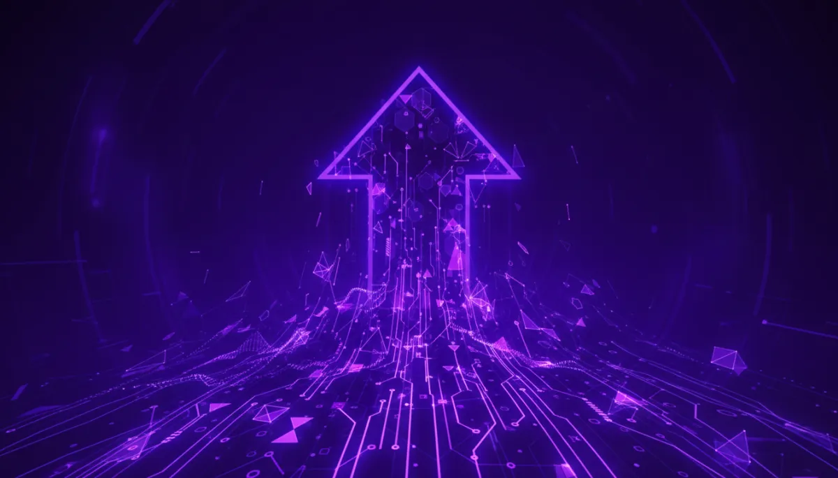 Abstract deep purple and electric violet geometric design showing data flows converging into growth