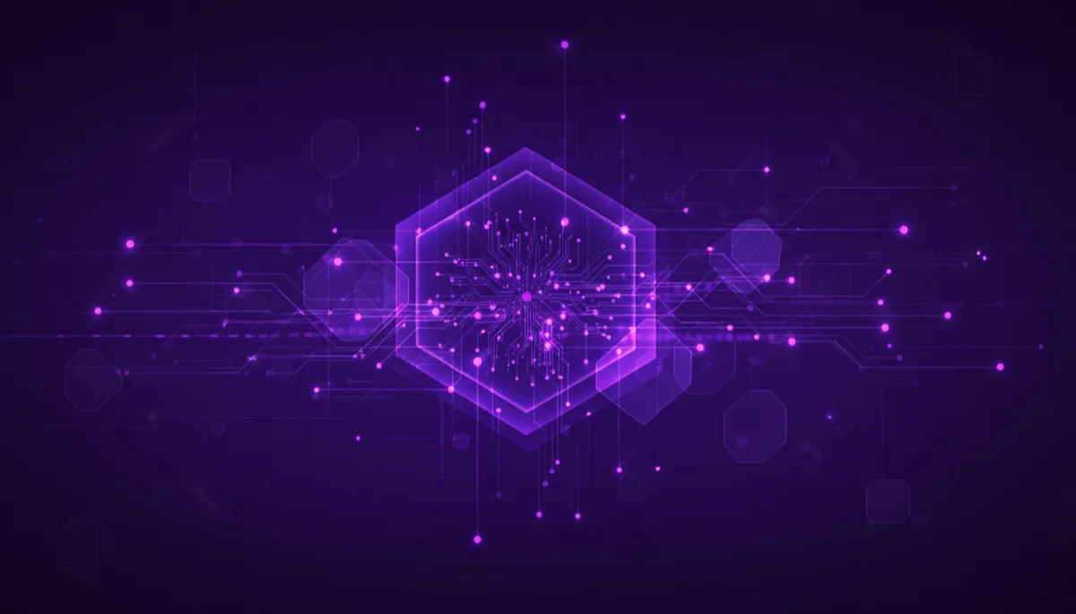 Abstract deep purple and electric violet tech shapes representing automated business workflows