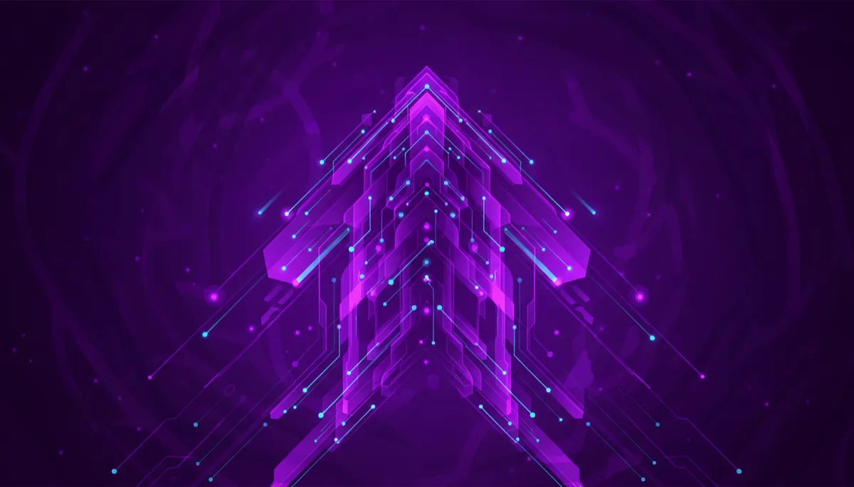 Abstract geometric purple and violet visuals forming an upward growth arrow