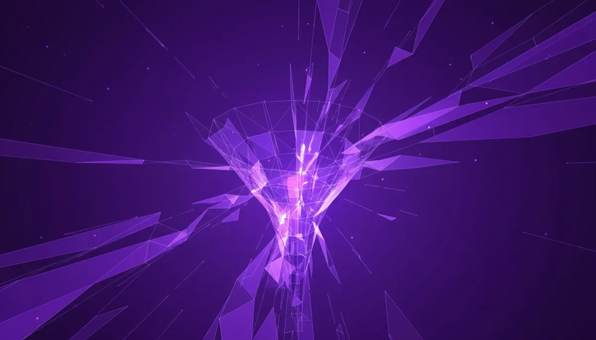 Abstract deep-purple geometric AI visuals forming a glowing marketing funnel