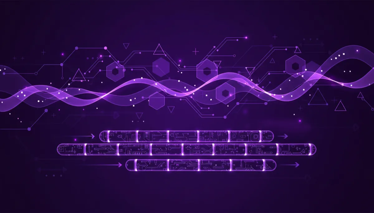 Abstract layered AI content workflow in deep purple and electric violet