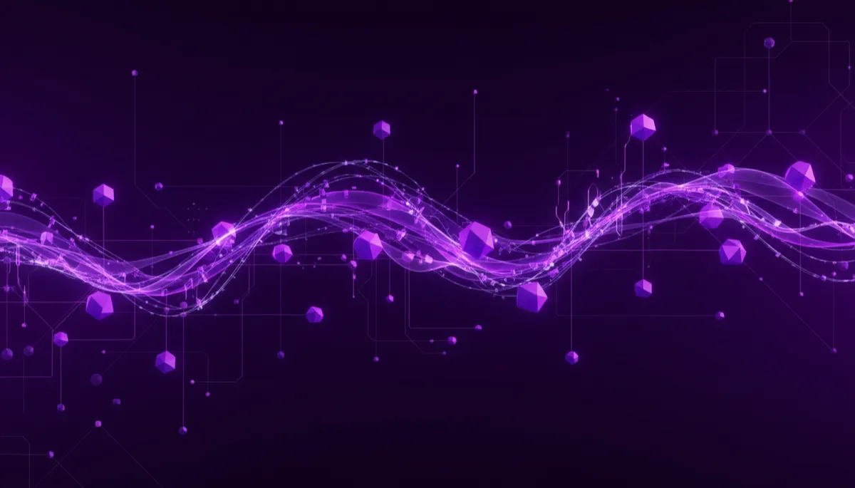 abstract tech/digital/geometric/flow visual of AI neural network and data streams in deep purple #4B0082 and electric violet/indigo #6C00FF #4400CC, interconnected nodes glowing and pulsing to suggest intelligence, momentum, and power, no humans