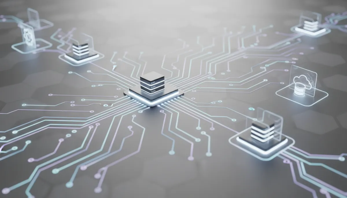 Photorealistic robotic automation workflow with glowing digital circuit pathways and no people
