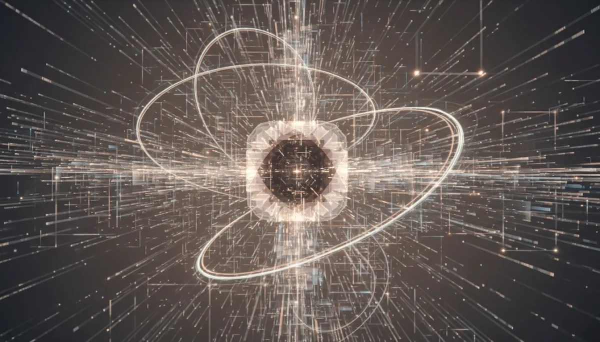 Photorealistic abstract data streams converging into a central AI processing core without people