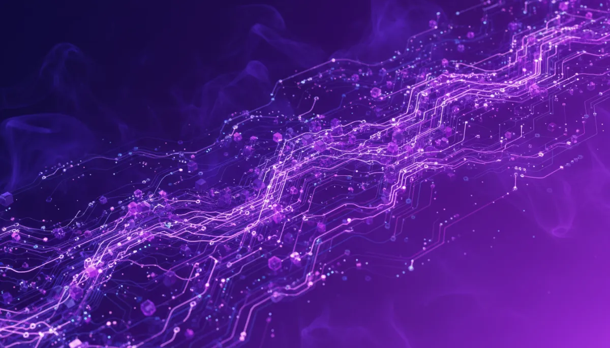 Abstract deep purple and electric violet neural network circuit board symbolizing AI automation and content creator technology