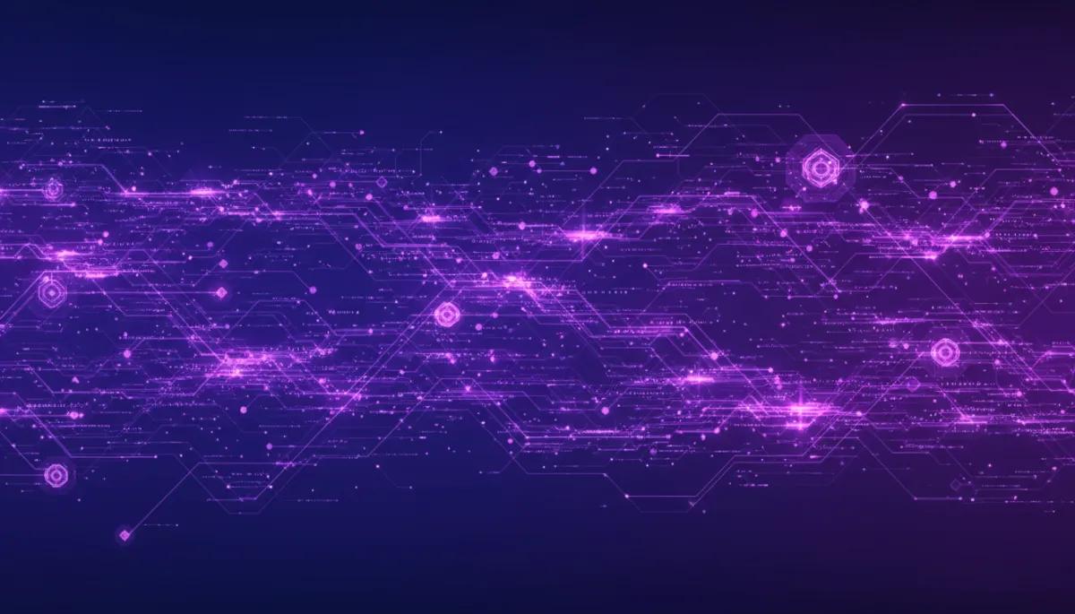 Abstract deep purple and violet data streams forming a connected content pipeline