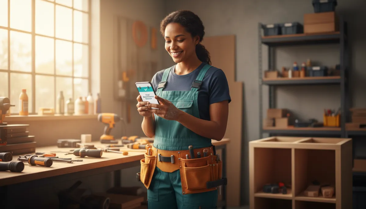Local service business owner smiling at phone after getting an AI-booked appointment