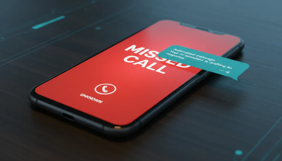 Smartphone showing missed call notification and AI text reply on a dark background