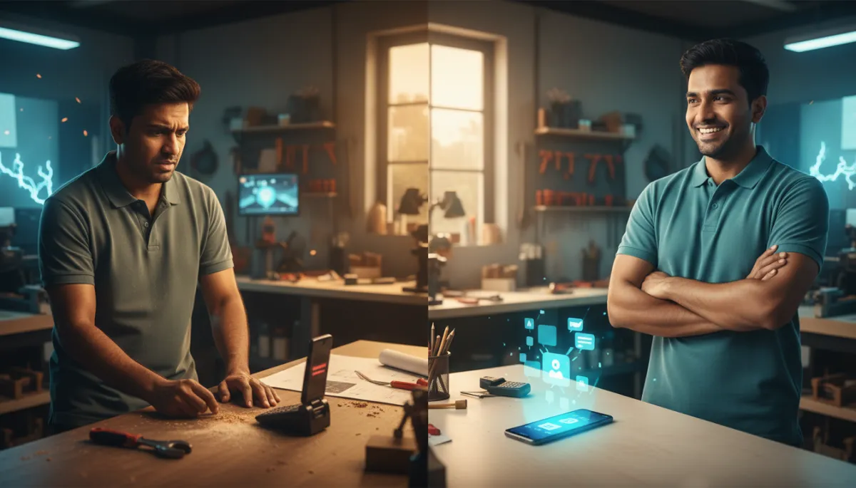 Split-screen of stressed business owner with ringing phone versus relaxed owner while AI handles follow-up