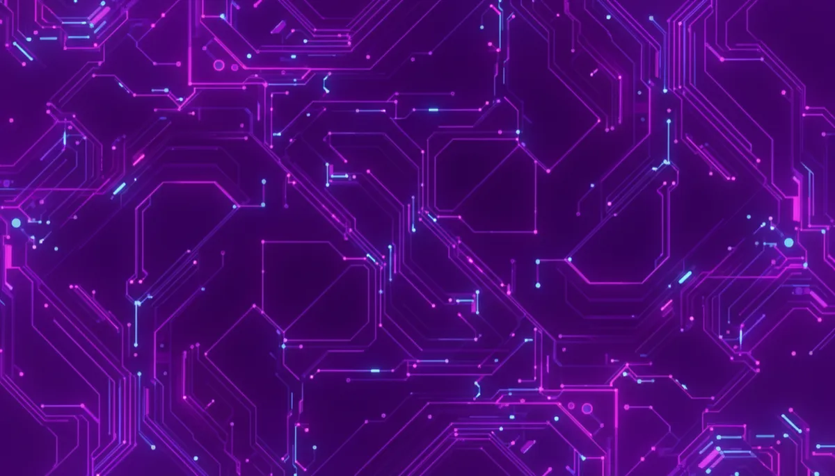 Deep purple and electric violet abstract tech visualization with geometric data flows