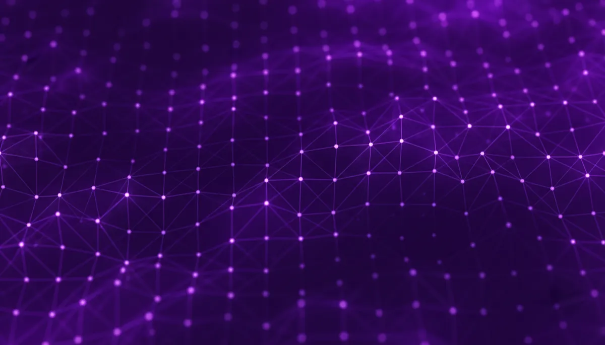 Deep purple and electric violet abstract network of glowing tech nodes and lines