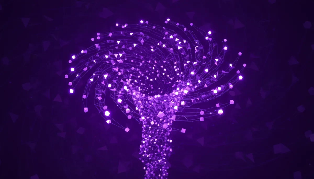 Abstract purple and indigo digital funnel made of flowing data streams