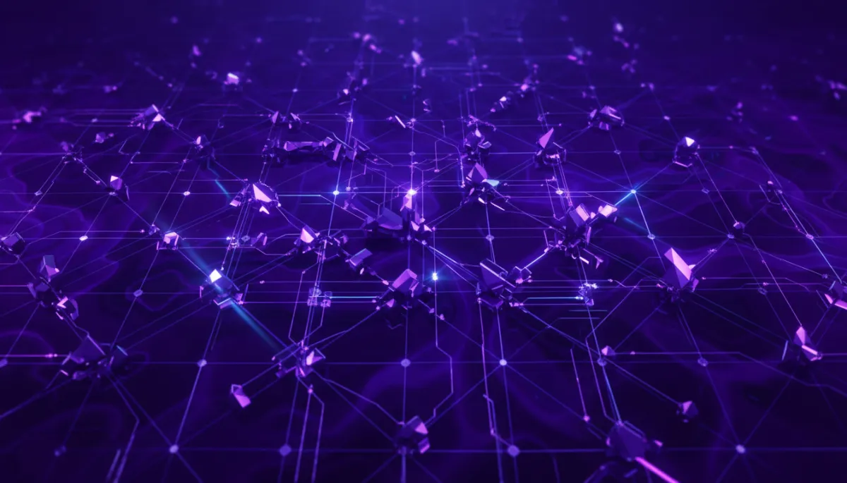 Abstract electric indigo and purple geometric network suggesting precise AI-powered systems