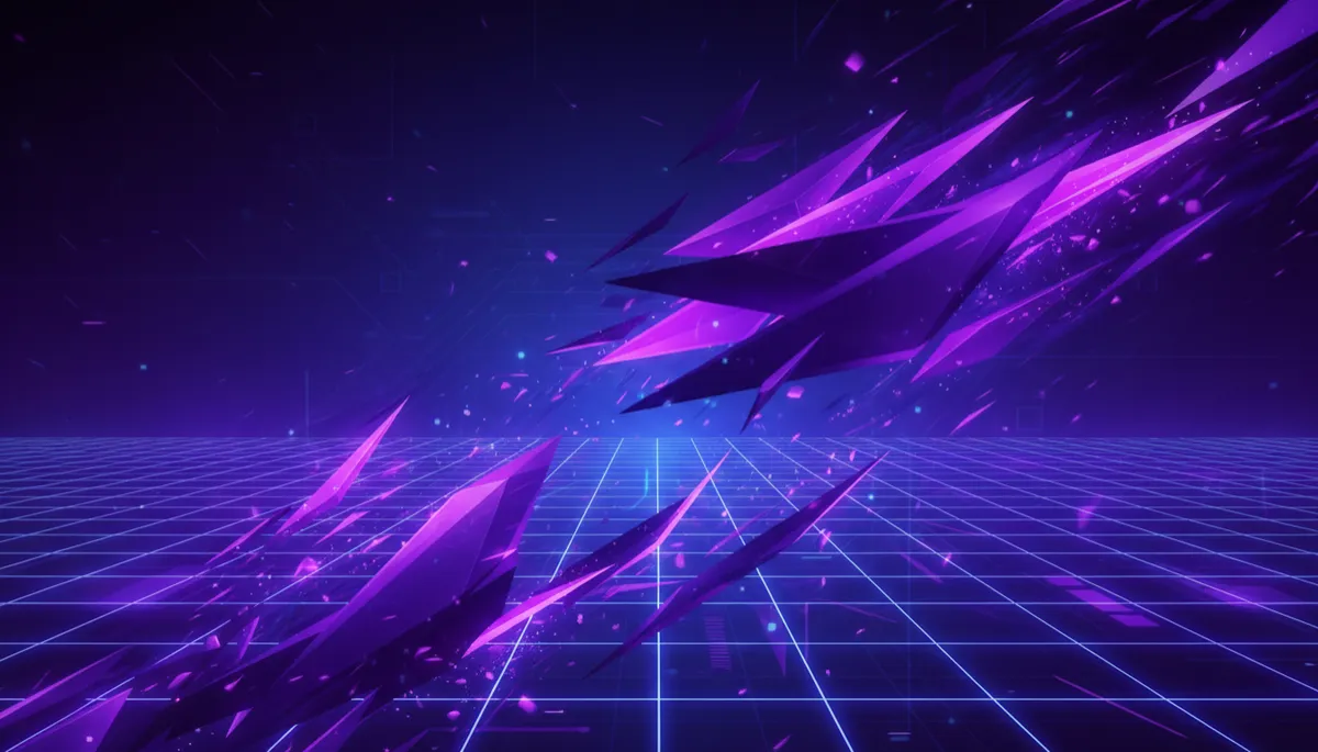 Abstract deep purple and indigo geometric light shards streaming across a digital grid