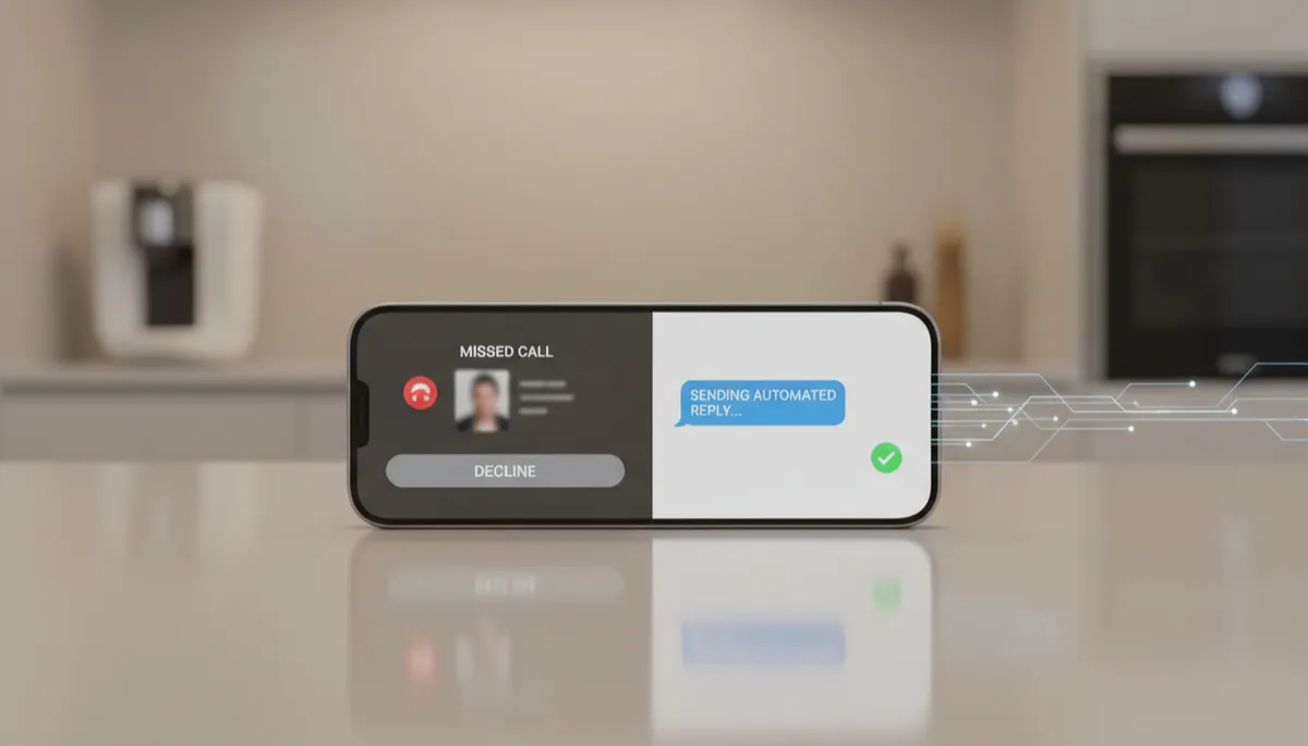 photorealistic neutral-color split-screen scene of a smartphone on a counter showing a missed call notification on the left side, and on the right side an automated text message reply being sent instantly, with subtle glowing AI automation lines connecting the two, modern clean background