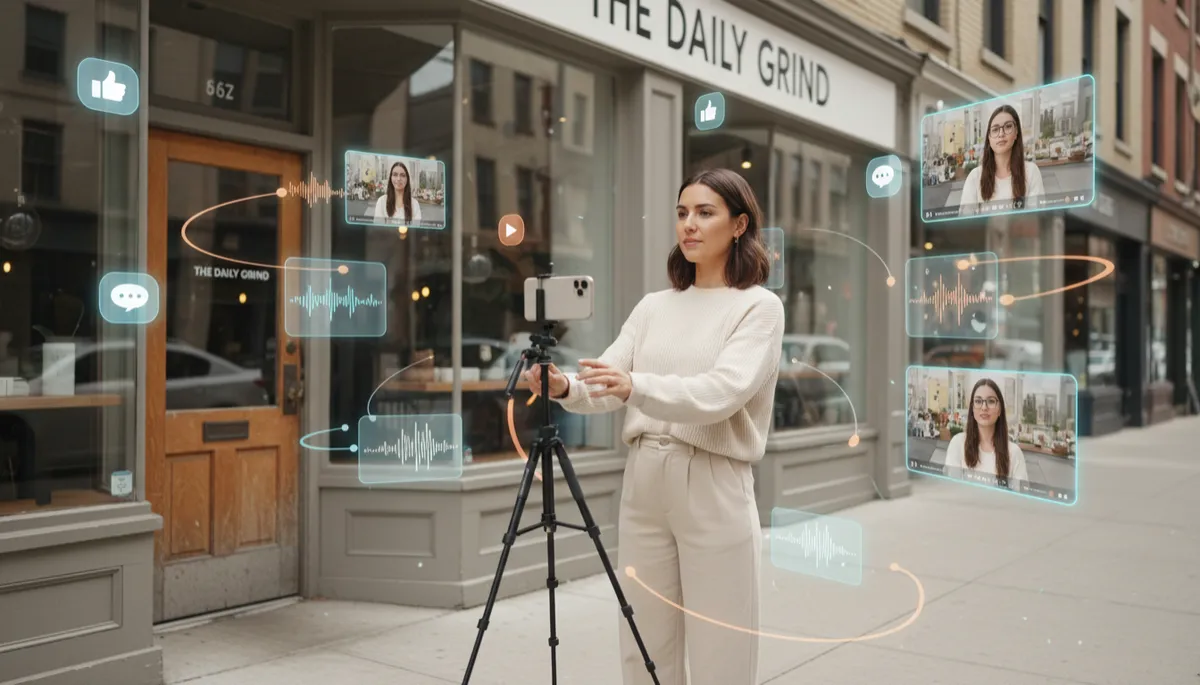 photorealistic neutral-tone scene of a content creator filming themselves with a smartphone and small tripod in front of a local business storefront, while floating holographic video clips, audio waveforms, and social media icons surround them as metaphors for AI repurposing their content, bright but natural lighting