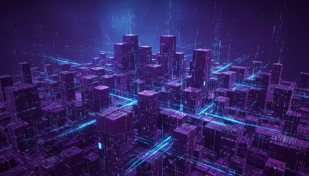 Abstract AI data streams racing through a geometric digital landscape