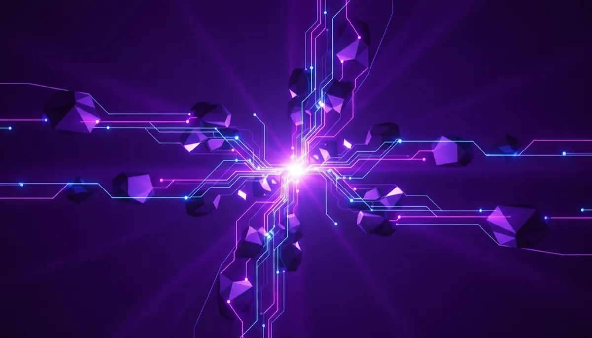 Abstract neural network circuit in deep purple and electric violet representing AI creator frameworks