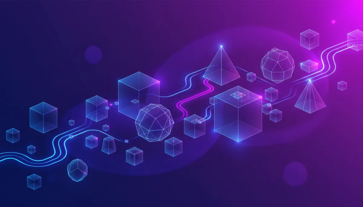 abstract futuristic business automation concept with geometric shapes and flowing lines representing AI automation pipelines, deep purple gradient with electric violet accents and indigo highlights, abstract digital technology, geometric, futuristic, no humans