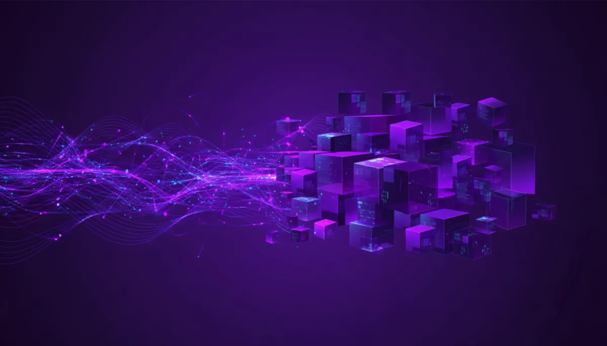 Abstract purple and violet geometric data waves transforming into organized content blocks