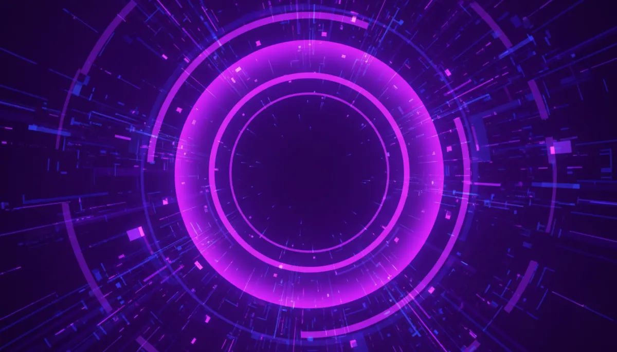 Abstract circular AI energy and code matrix in purple and violet