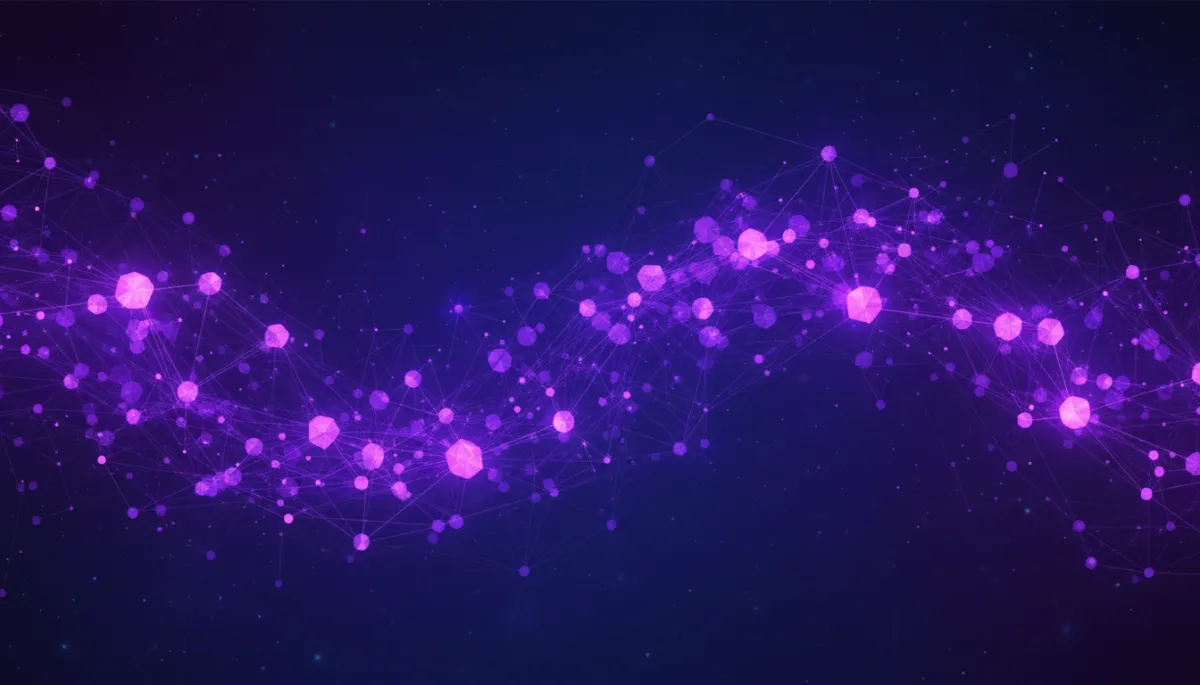 Abstract deep purple and electric violet neural network landscape symbolizing AI strategy flows