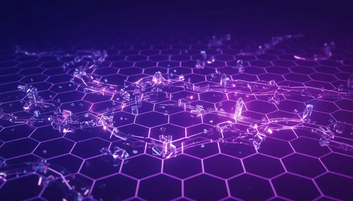 Abstract electric violet and indigo hexagonal grid dissolving into flowing light particles