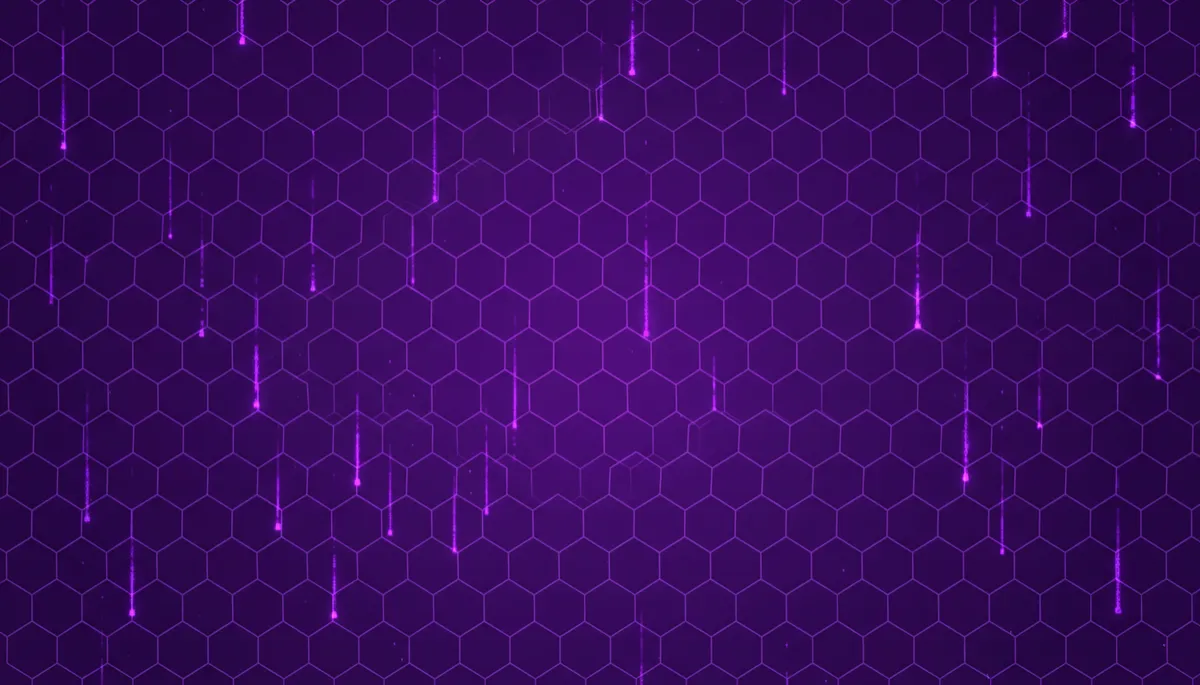 abstract, geometric, tech, digital flow pattern in electric violet #8A2BE2 and indigo #4A0E8F with glowing neon circuit-board hexagons and cascading light nodes on a dark background, horizontal composition, no humans