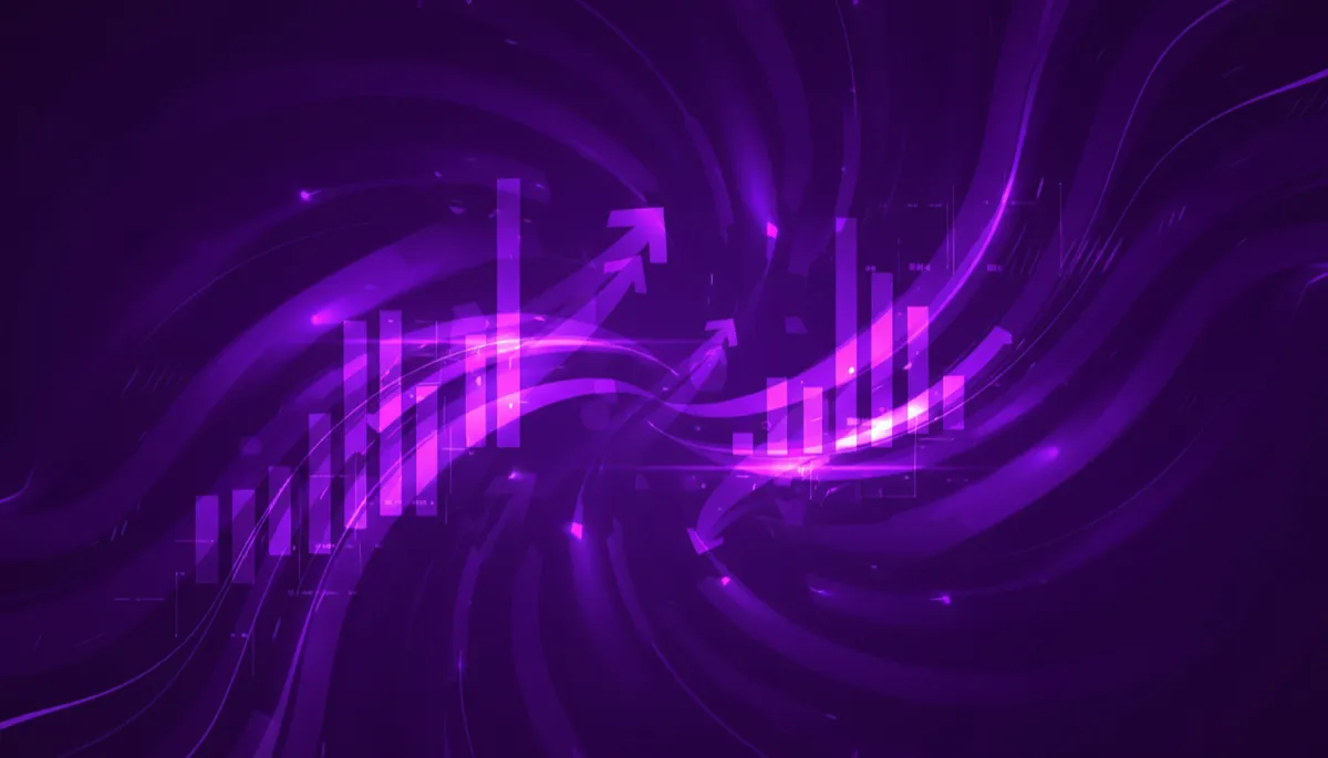 Abstract deep purple and violet flows forming rising charts and arrows