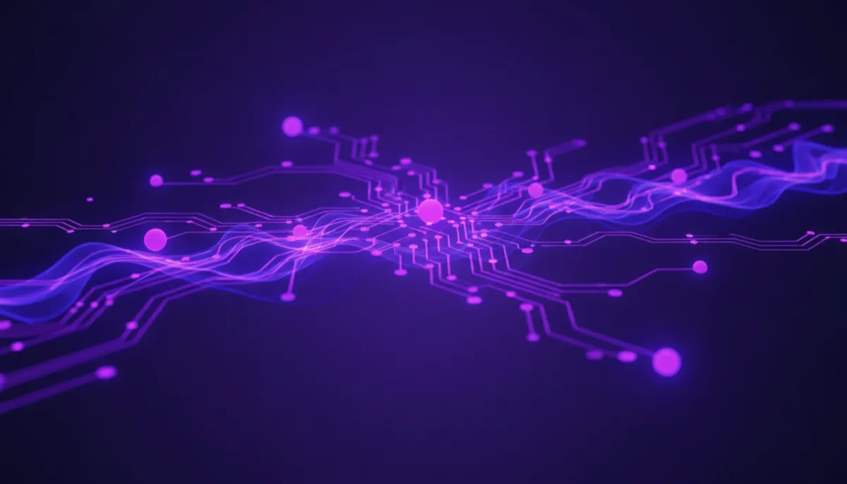 Abstract AI automation workflow in deep purple and electric violet tones