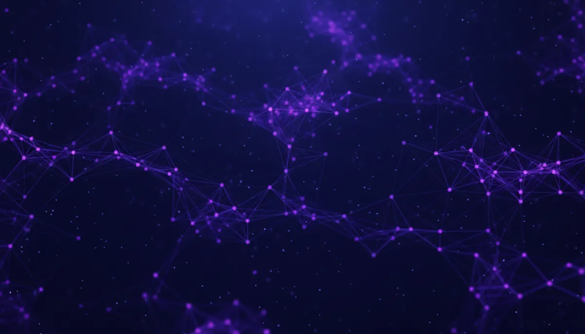 Abstract geometric matrix of indigo and electric violet interconnected nodes