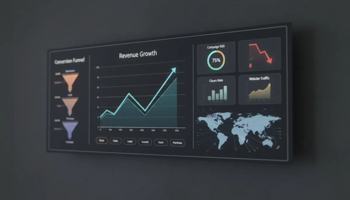 Photorealistic business analytics dashboard with glowing marketing charts and KPIs