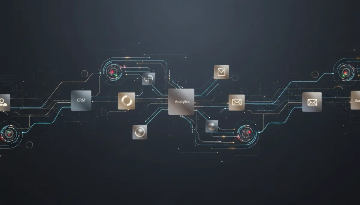 Photorealistic visualization of interconnected automated marketing workflows and data paths