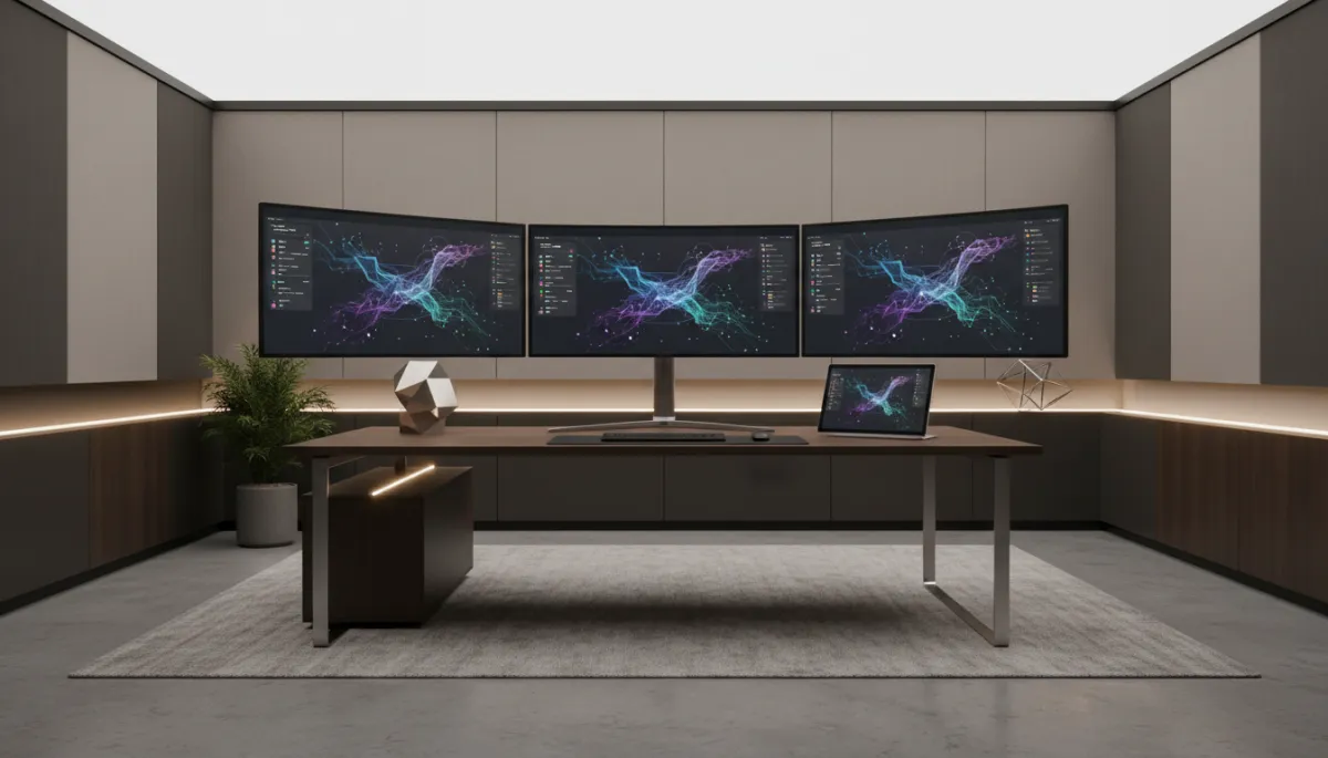 Photorealistic modern office setup with multiple monitors showing AI agent dashboards