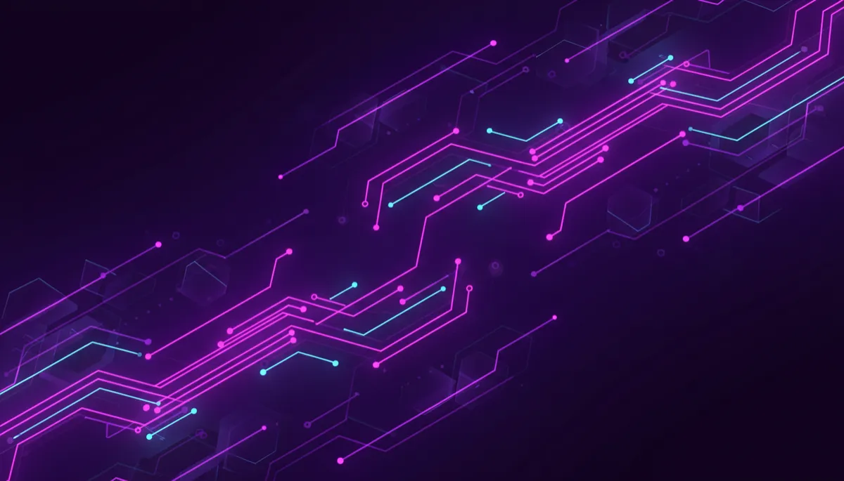 deep purple and electric violet abstract digital tech geometric flow visuals with glowing neon accents, layered flowing lines suggesting data pipelines and automation on a dark background