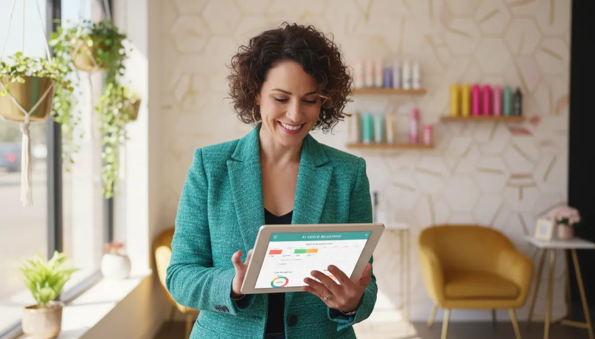 Local business owner reviewing AI-powered booking dashboard on a tablet