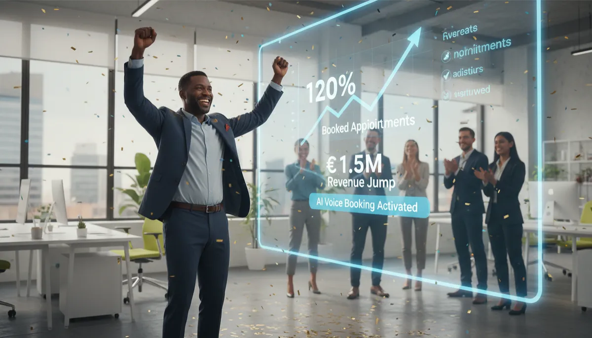 Entrepreneur celebrating a surge in bookings after implementing AI voice automation