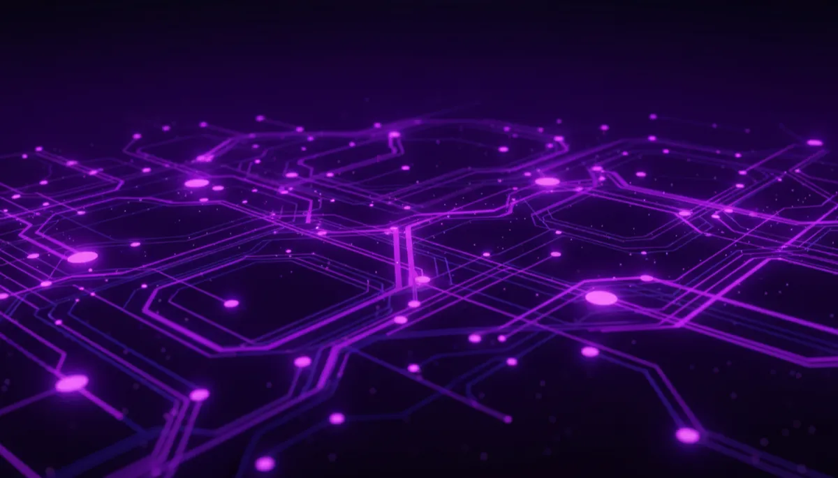 Abstract deep purple and electric violet swirling AI circuit grid