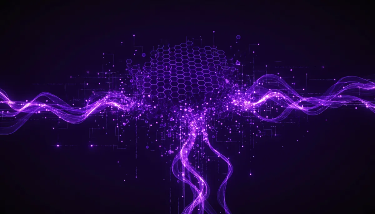 Abstract deep violet and indigo AI lattice dissolving into luminous data streams