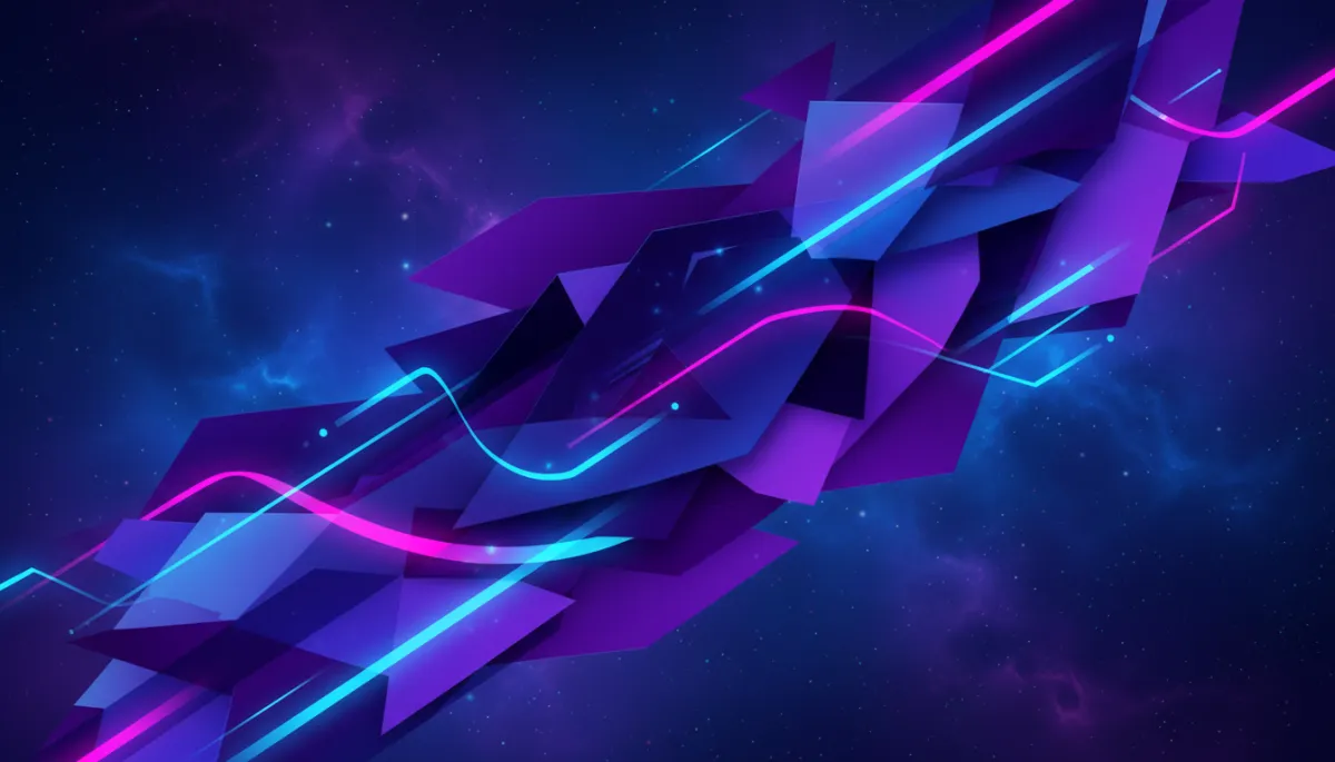 Abstract electric indigo and violet layered geometric AI shapes with flowing light trails