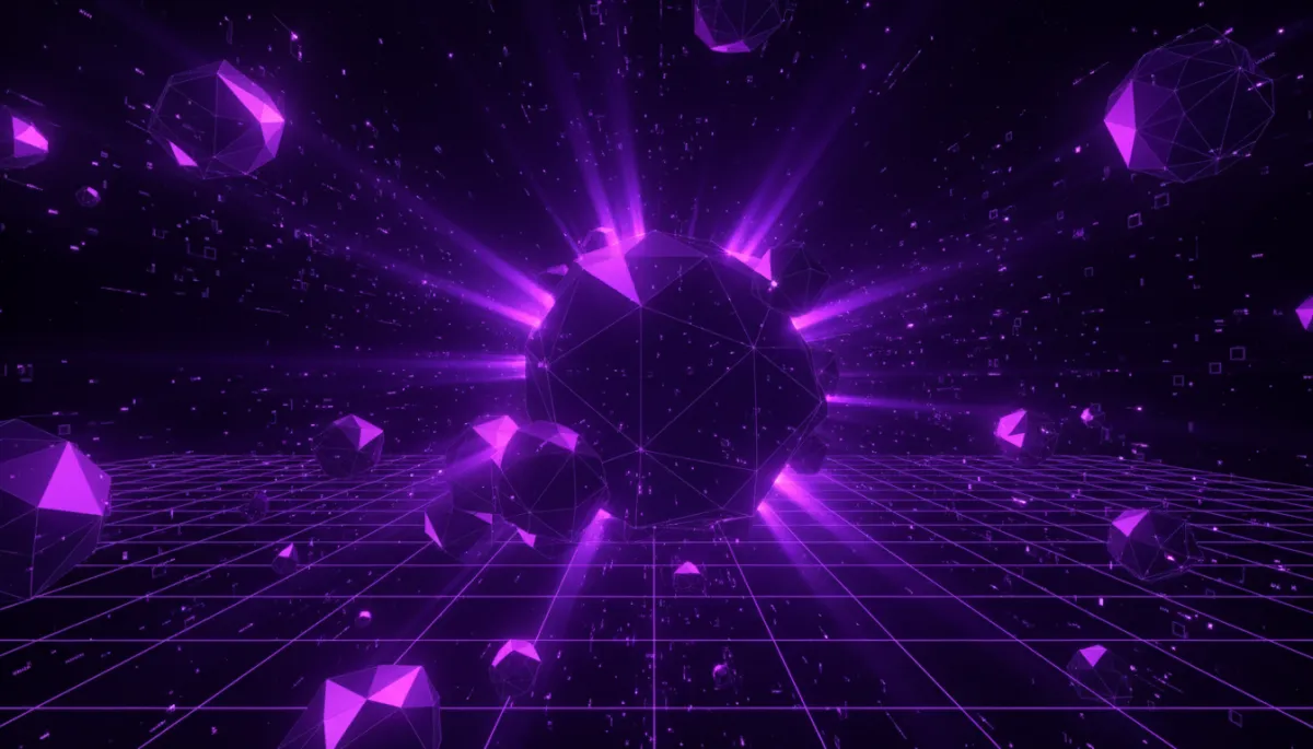 Abstract geometric crystalline AI transformation in electric violet and deep indigo