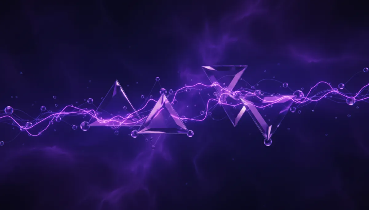Abstract geometric shapes in deep indigo and electric violet space with glowing energy currents — AI automation visualization