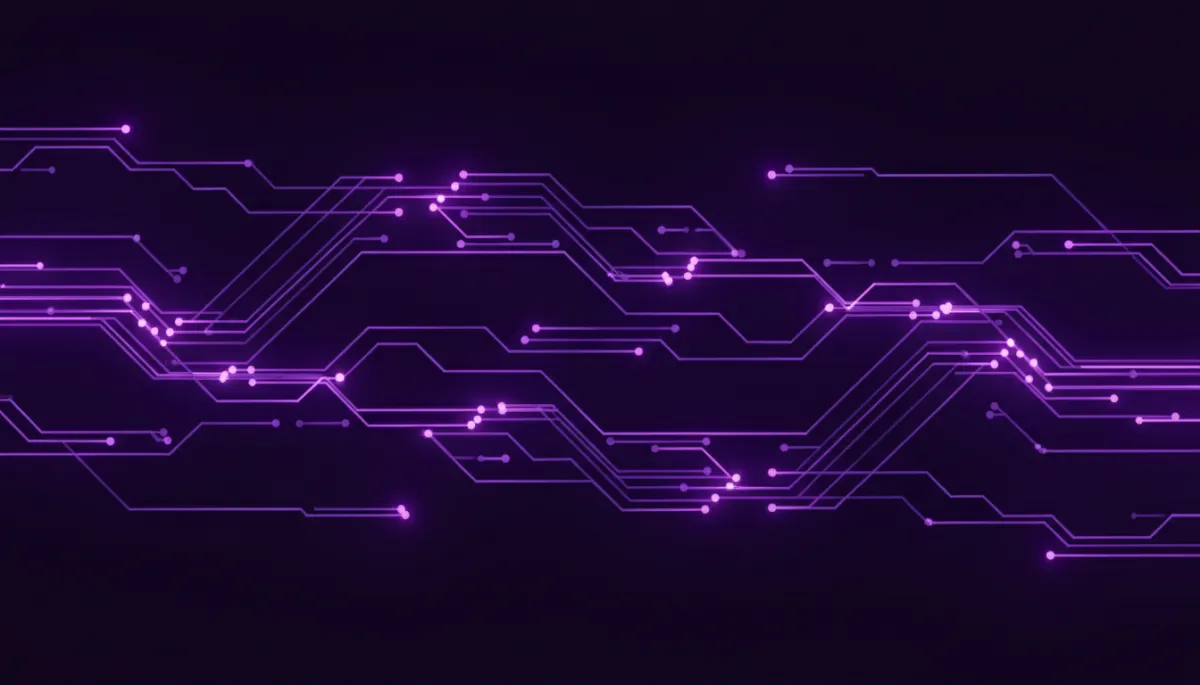 Abstract purple and indigo data-flow visual representing AI-powered content repurposing