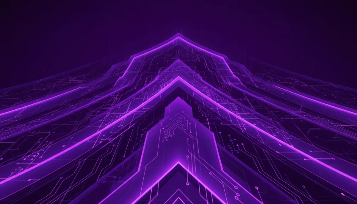 Abstract deep purple and violet digital composition with data patterns forming an upward arrow