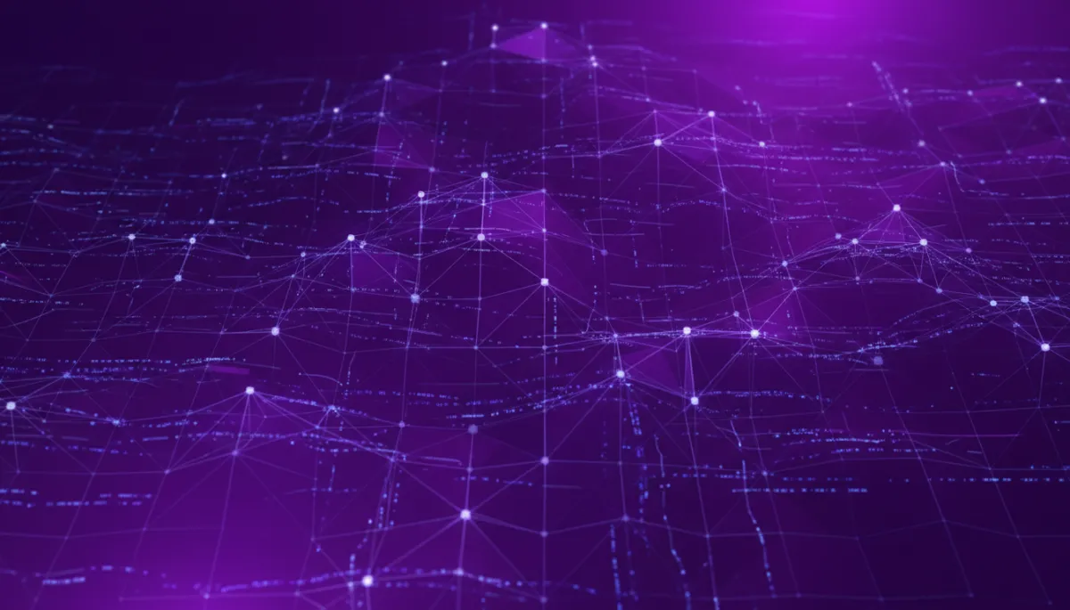 Abstract electric violet and deep purple geometric data mesh representing AI content pipelines