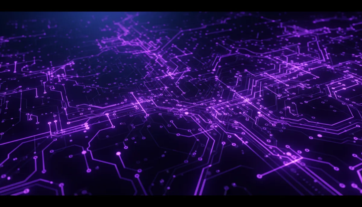Abstract neural network nodes connected by glowing indigo circuitry