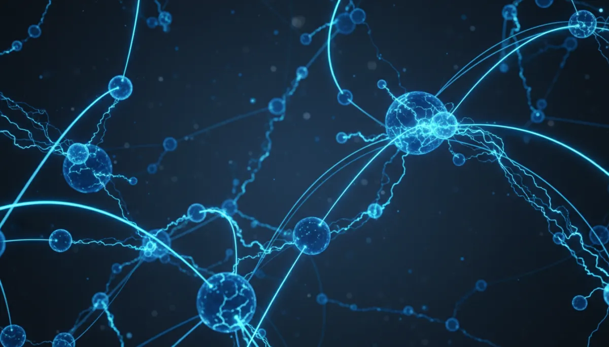 Photorealistic abstract AI neural network visualization in deep blue tones