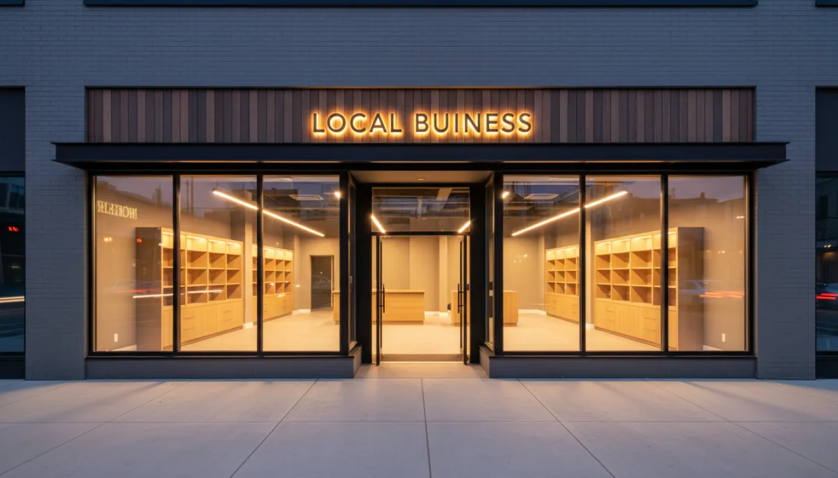 Photorealistic local business storefront with warm lighting and no people
